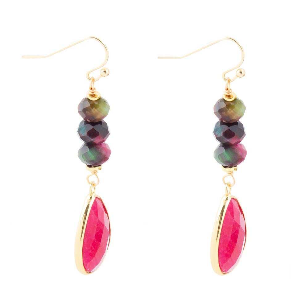 Jeweled Multicolor Tiger's Eye and Pink Agate Golden Drop Earrings - Barse Jewelry - Flyclothing LLC