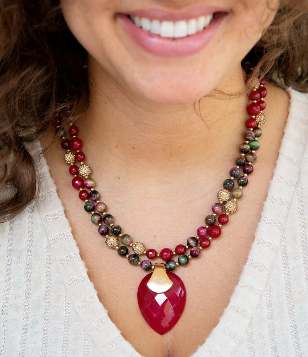 Jeweled Multi-Color Tiger's Eye and Rasberry Quartz Pendant Golden Necklace - Barse Jewelry - Flyclothing LLC