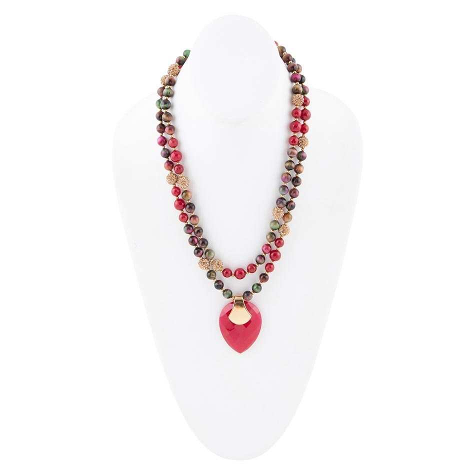 Jeweled Multi-Color Tiger's Eye and Rasberry Quartz Pendant Golden Necklace - Barse Jewelry - Flyclothing LLC