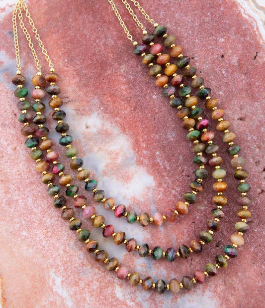 Jeweled Multi-Color Tiger's Eye Triple Strand Golden Necklace - Barse Jewelry - Flyclothing LLC