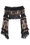 Daisy Corsets Nude/Black Lace Smocked Flare Sleeve Peasant Top - Daisy Corsets - Flyclothing LLC