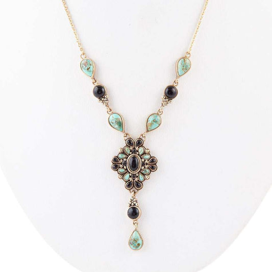 Barcelona Black Onyx and Blue Turquoise Golden Y-Necklace - Barse Jewelry - Flyclothing LLC
