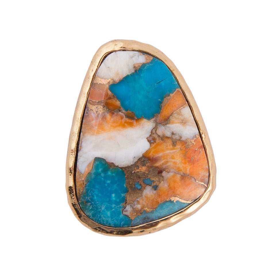 Orange Spiny Oyster and Blue Turquoise Matrix Abstract Golden Ring - Barse Jewelry - Flyclothing LLC