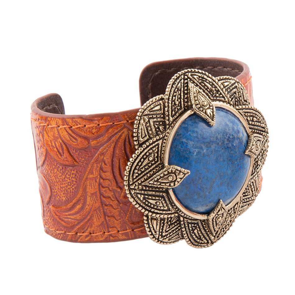 Ornate Blue Lapis Golden Leather Cuff Bracelet - Barse Jewelry - Flyclothing LLC