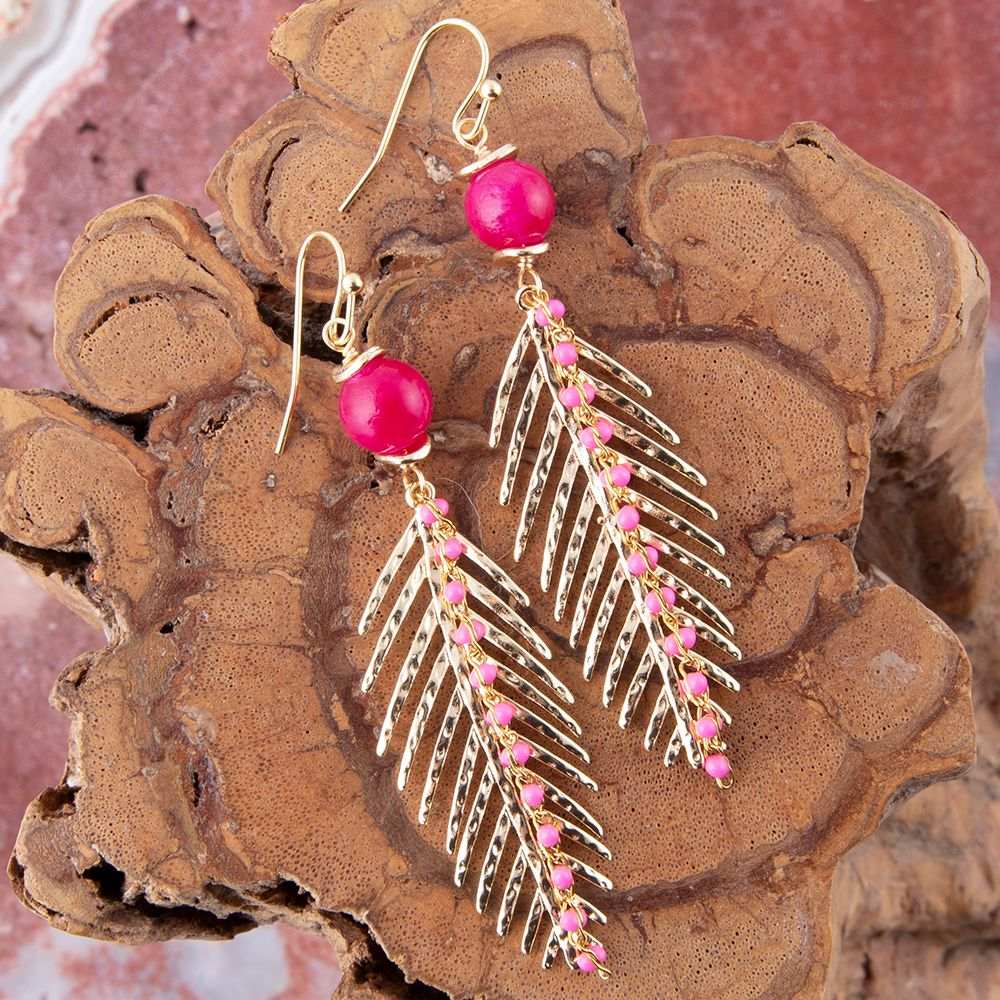 Peony Fuchsia Pink Jade Feather Drop Earrings - Barse Jewelry - Flyclothing LLC