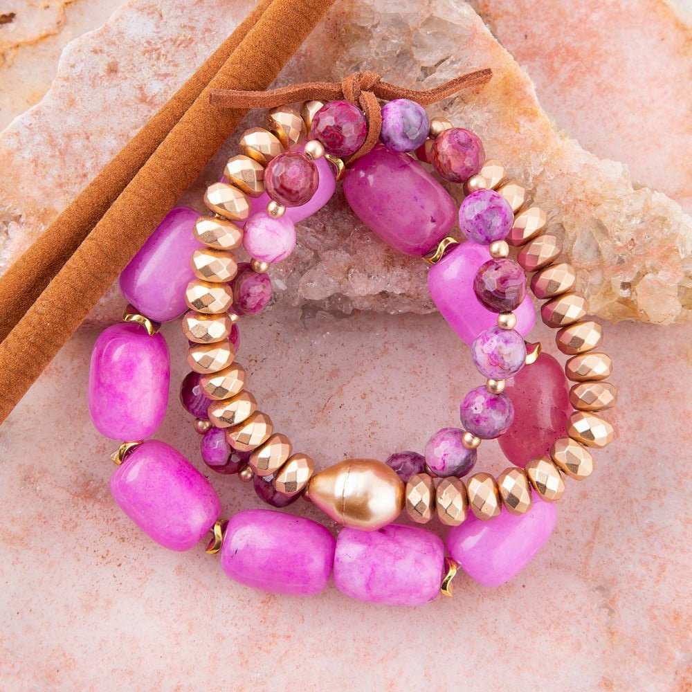 Peony Fuchsia Pink Jade Golden Stretch Bracelet Set - Barse Jewelry - Flyclothing LLC