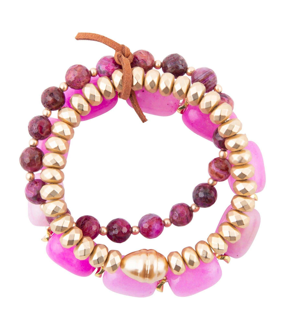 Peony Fuchsia Pink Jade Golden Stretch Bracelet Set - Barse Jewelry - Flyclothing LLC