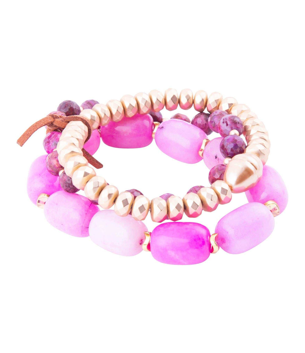 Peony Fuchsia Pink Jade Golden Stretch Bracelet Set - Barse Jewelry - Flyclothing LLC