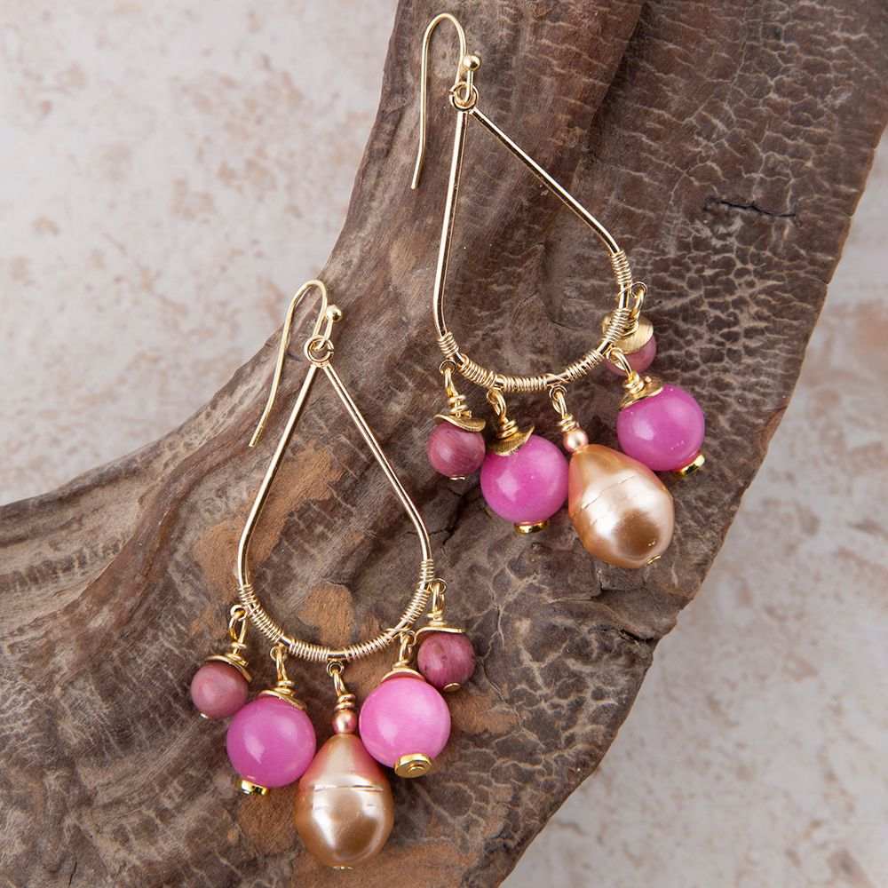Peony Fuchsia Pink Jade Golden Drop Earrings - Barse Jewelry - Flyclothing LLC