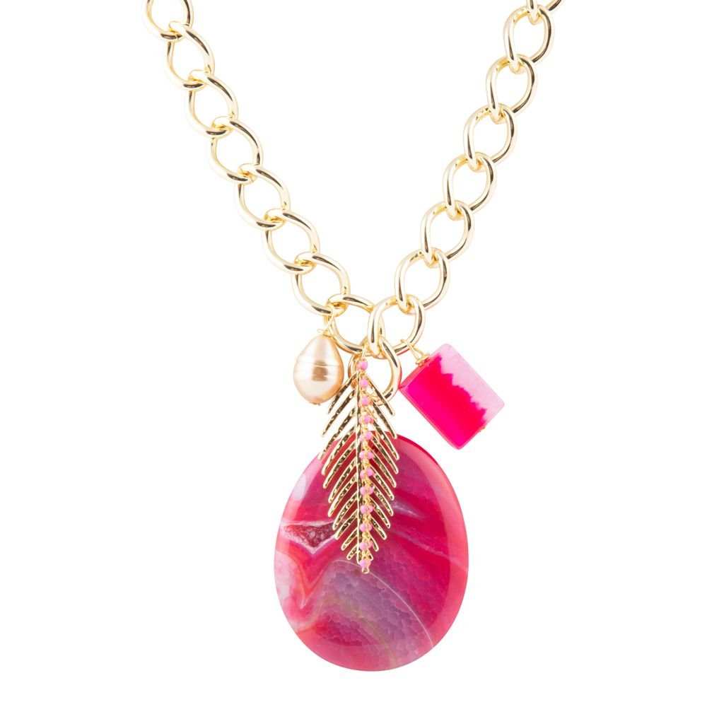Peony Fuschsia Pink Agate Golden Charm Necklace - Barse Jewelry - Flyclothing LLC