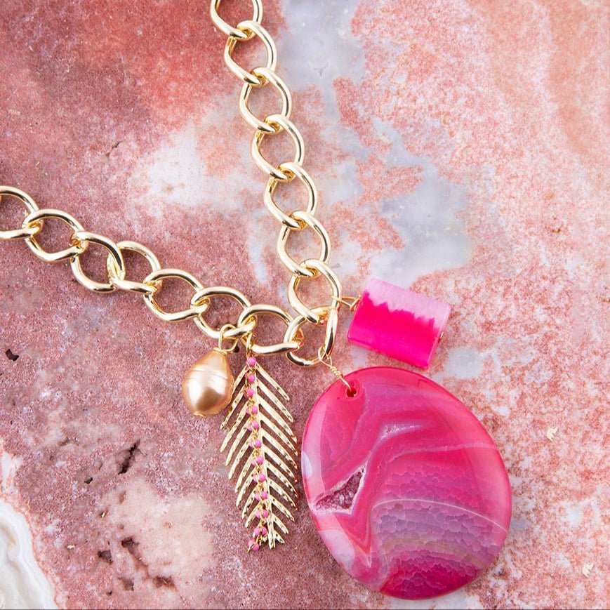 Peony Fuschsia Pink Agate Golden Charm Necklace - Barse Jewelry - Flyclothing LLC