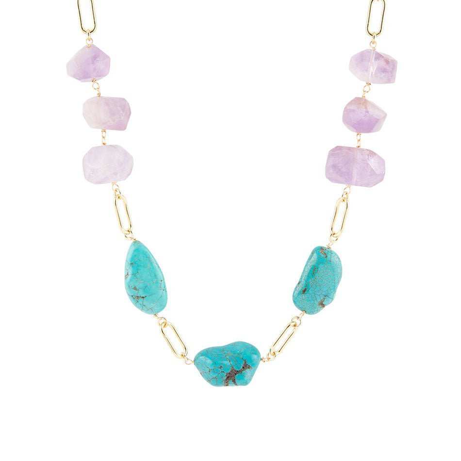 Purple Periwinkle Amethyst and Blue Turquoise Long Golden Necklace - Barse Jewelry - Flyclothing LLC