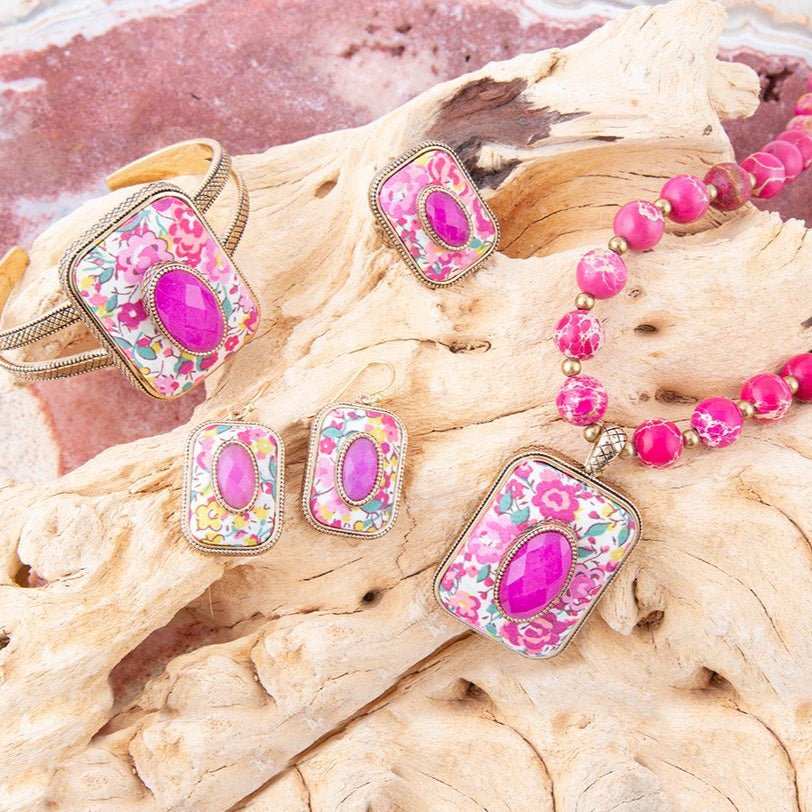 Pink Agate Stacked Stone Floral Cuff Bracelet - Barse Jewelry - Flyclothing LLC