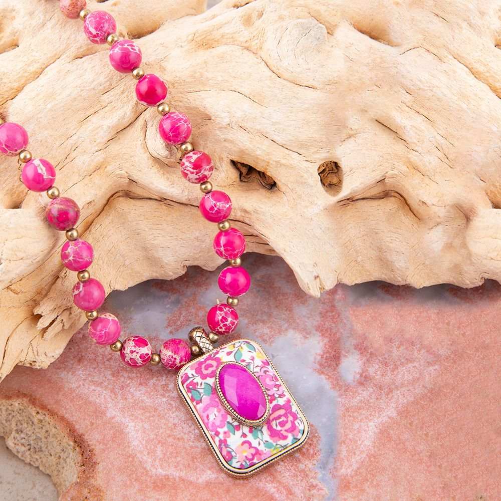 Pink Agate Stacked Stone Floral Pendant Necklace - Barse Jewelry - Flyclothing LLC