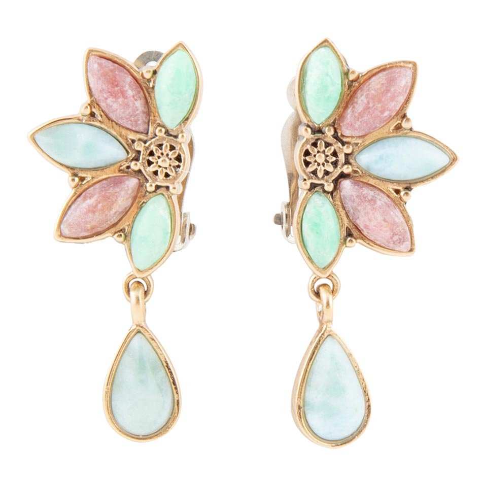 Pink Rhodonite Blue Amazonite and Varacite Petals Golden Clip Earrings - Barse Jewelry - Flyclothing LLC