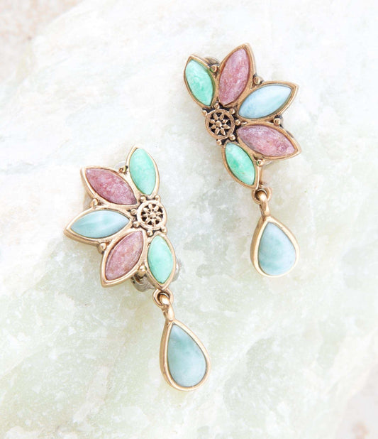 Pink Rhodonite Blue Amazonite and Varacite Petals Golden Clip Earrings - Barse Jewelry - Flyclothing LLC