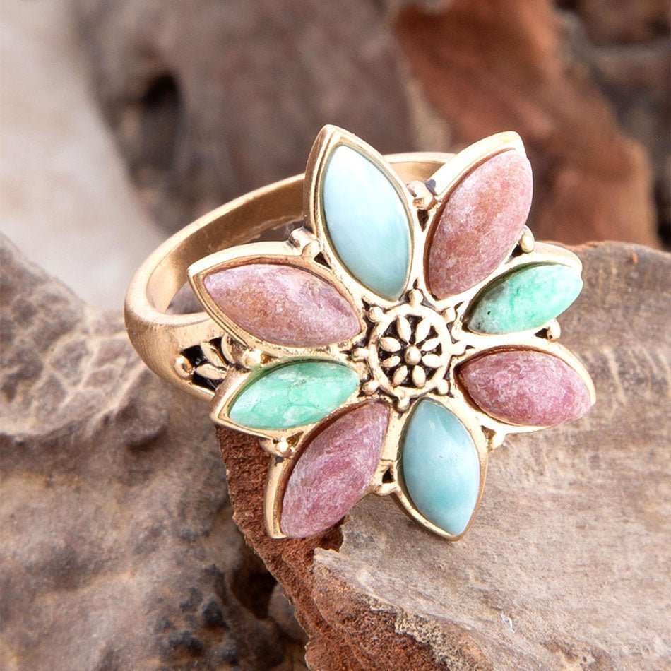 Pink Rhodonite Blue Amazonite and Green Varacite Petals Golden Statement Ring - Barse Jewelry - Flyclothing LLC