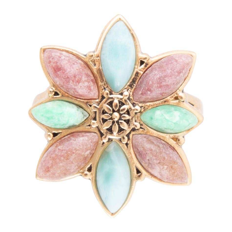 Pink Rhodonite Blue Amazonite and Green Varacite Petals Golden Statement Ring - Barse Jewelry - Flyclothing LLC