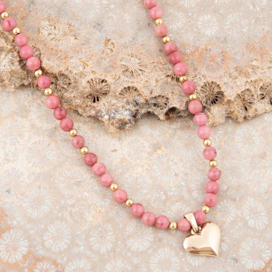Pink Rhodonite and Golden Bronze Heart Pendant Necklace - Barse Jewelry - Flyclothing LLC