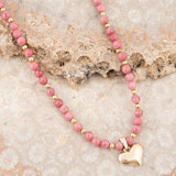 Pink Rhodonite and Golden Bronze Heart Pendant Necklace - Barse Jewelry - Flyclothing LLC
