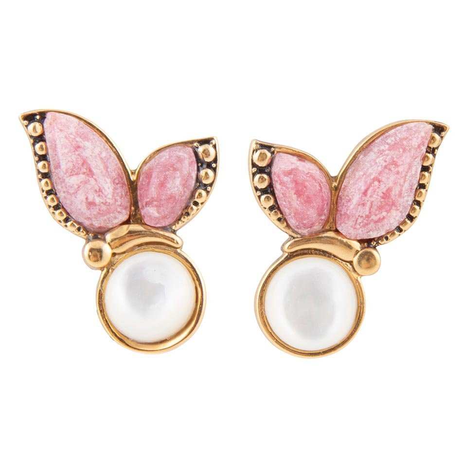 Pink Rhodonite and White Mother of Pearl Golden Butterflies Post Earrings - Barse Jewelry - Flyclothing LLC