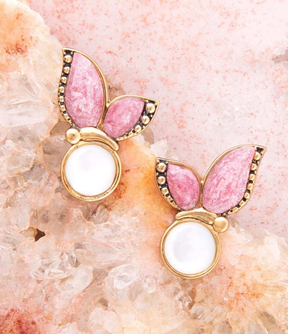 Pink Rhodonite and White Mother of Pearl Golden Butterflies Post Earrings - Barse Jewelry - Flyclothing LLC