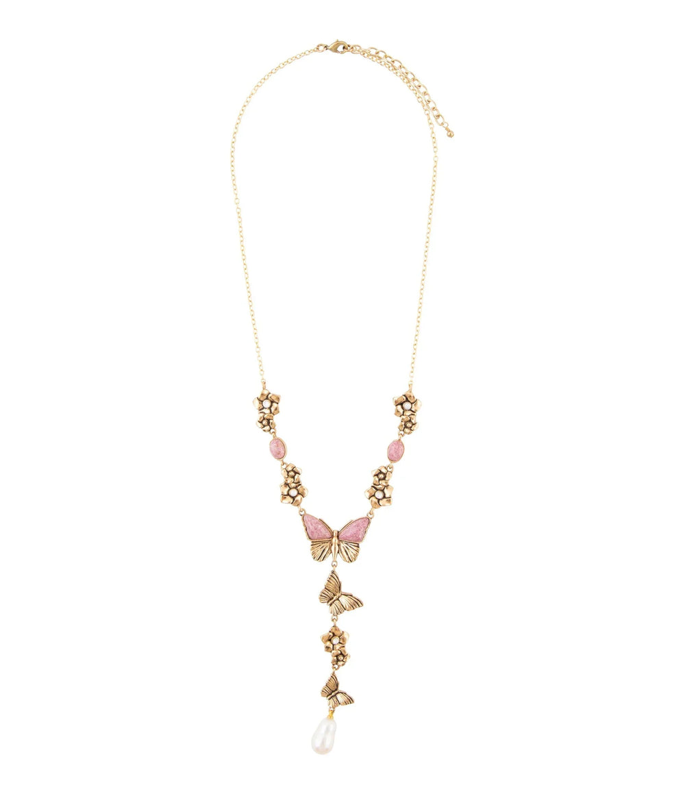 Pink Rhodonite and White Pearl Golden Butterflies Y Necklace - Barse Jewelry - Flyclothing LLC