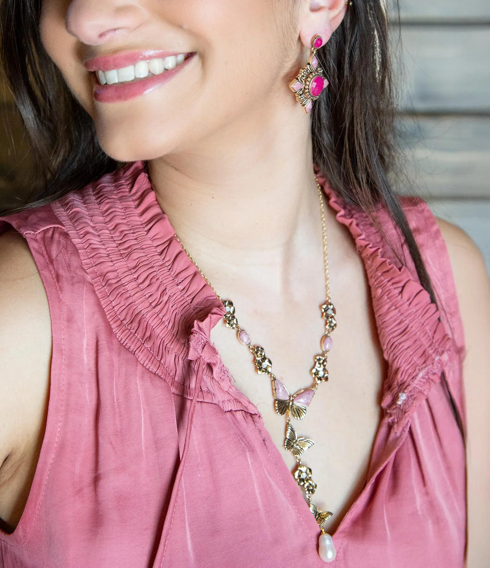 Pink Rhodonite and White Pearl Golden Butterflies Y Necklace - Barse Jewelry - Flyclothing LLC