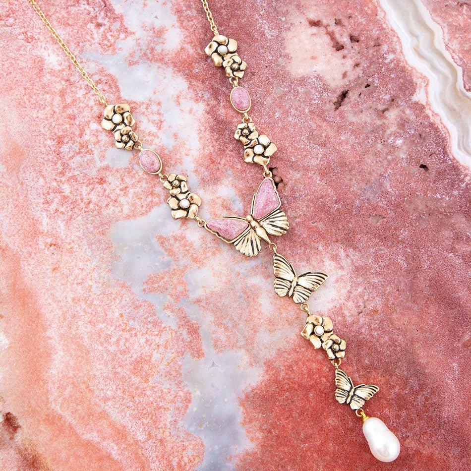 Pink Rhodonite and White Pearl Golden Butterflies Y Necklace - Barse Jewelry - Flyclothing LLC