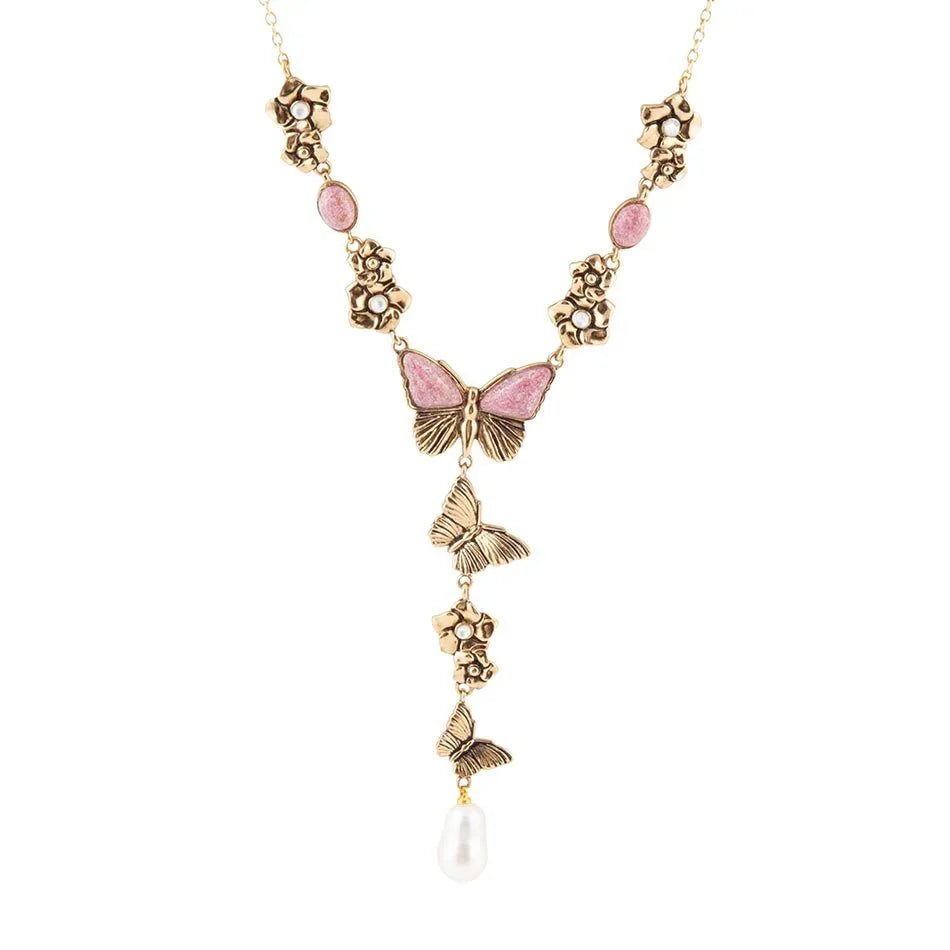Pink Rhodonite and White Pearl Golden Butterflies Y Necklace - Barse Jewelry - Flyclothing LLC
