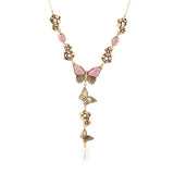 Pink Rhodonite and White Pearl Golden Butterflies Y Necklace - Barse Jewelry - Flyclothing LLC