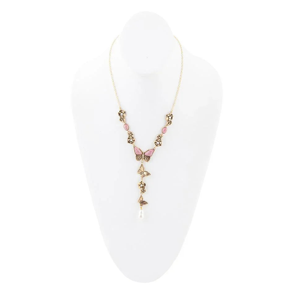 Pink Rhodonite and White Pearl Golden Butterflies Y Necklace - Barse Jewelry - Flyclothing LLC