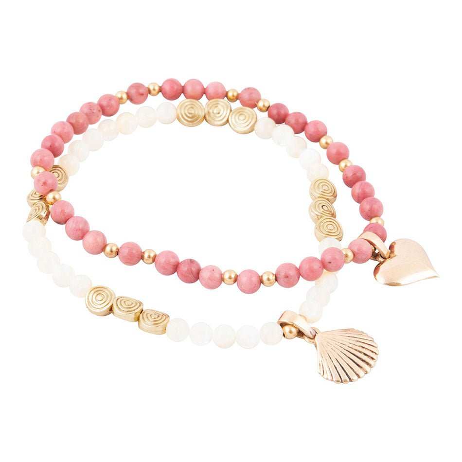 Pink Rhodonite and White Pearl Golden Heart Charm Bracelet Set - Barse Jewelry - Flyclothing LLC