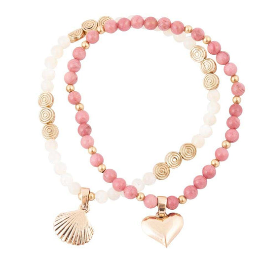 Pink Rhodonite and White Pearl Golden Heart Charm Bracelet Set - Barse Jewelry - Flyclothing LLC