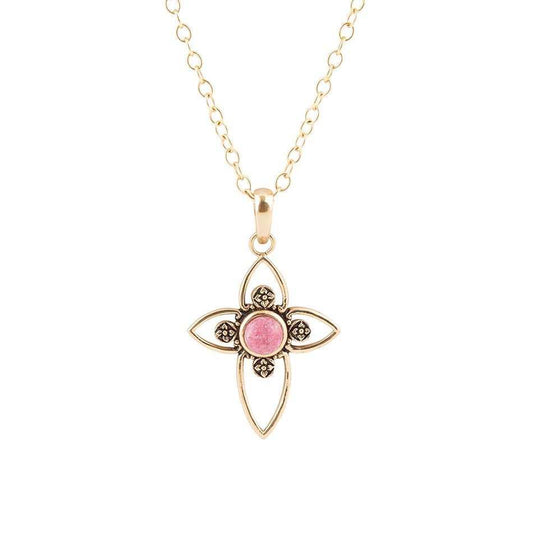 Pink Rhodonite Golden Cross Pendant Necklace - Barse Jewelry - Flyclothing LLC