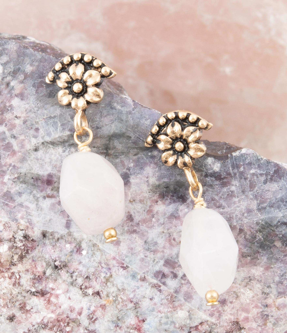 Pink Rose Quartz Golden Floral Drop Earrings - Barse Jewelry - Flyclothing LLC