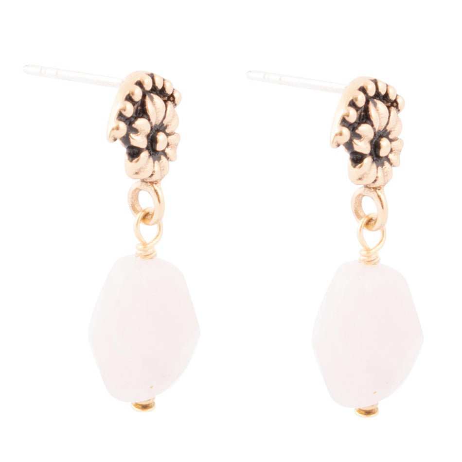 Pink Rose Quartz Golden Floral Drop Earrings - Barse Jewelry - Flyclothing LLC
