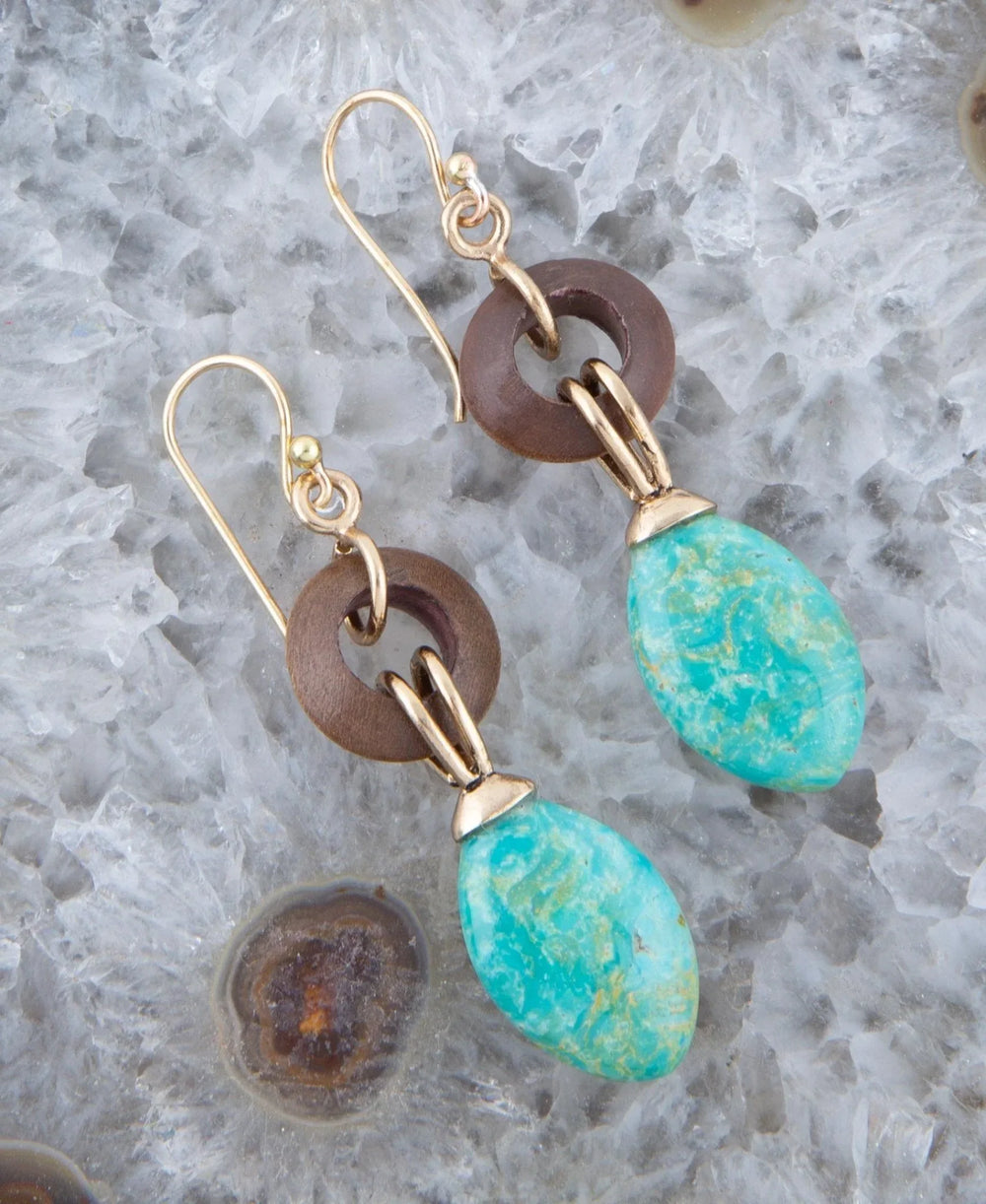 Precious Green Turquoise and Wood Golden Bronze Drop Earrings - Barse Jewelry - Flyclothing LLC