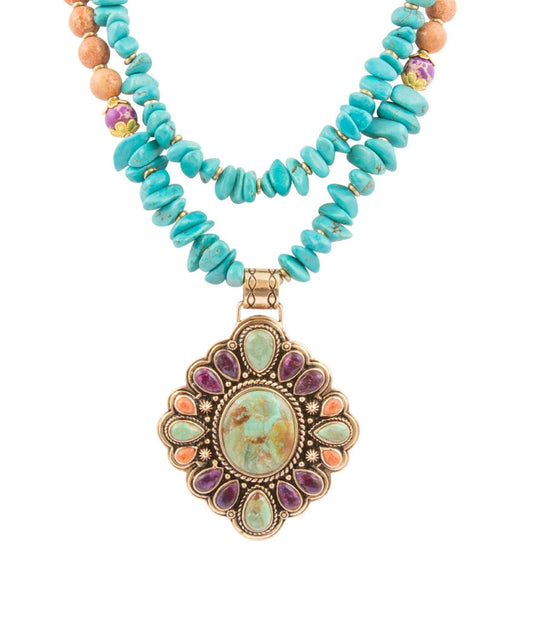 Prescott Blue Turquoise Purple and Orange Statement Pendant Golden Necklace - Barse Jewelry - Flyclothing LLC