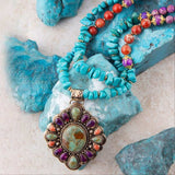 Prescott Blue Turquoise Purple and Orange Statement Pendant Golden Necklace - Barse Jewelry - Flyclothing LLC
