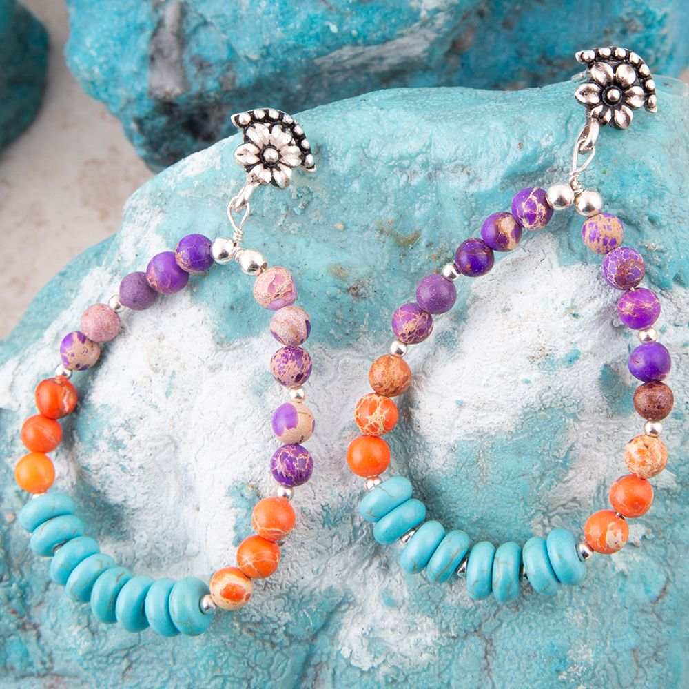 Prescott Blue Turquoise Purple and Orange Sterling Silver Drop Earrings - Barse Jewelry - Flyclothing LLC