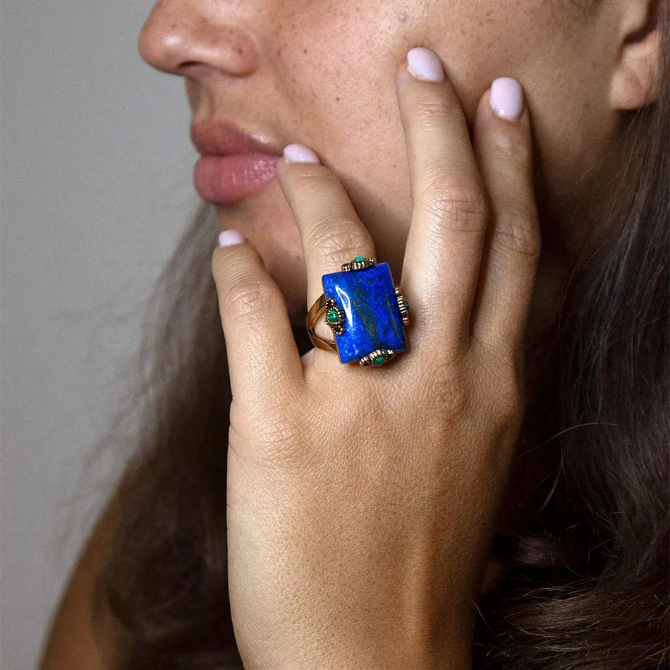 Prismatic Blue Lapis and Malachite Golden Ring - Barse Jewelry - Flyclothing LLC