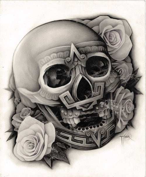 Black Market Art Company Aztec Skull & Roses Print - Black Market Art Company - Flyclothing LLC