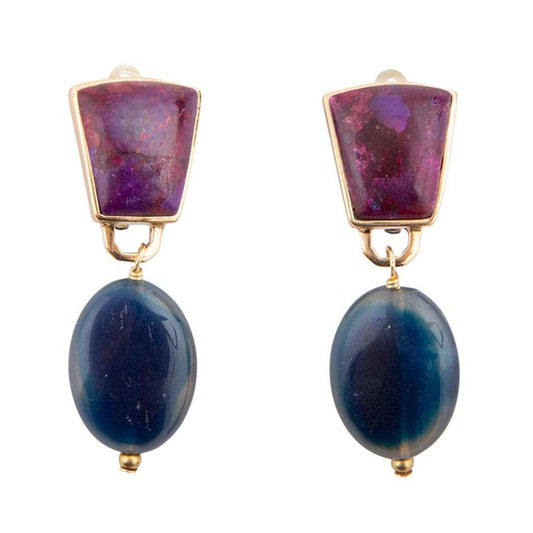Purple Turquoise Indigo Golden Clip Earrings - Barse Jewelry - Flyclothing LLC