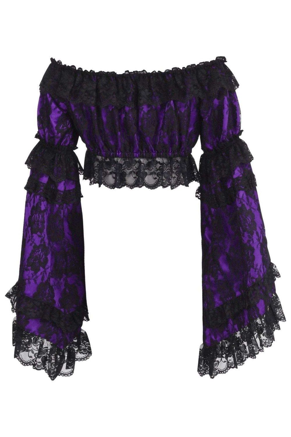 Daisy Corsets Purple/Black Lace Smocked Flare Sleeve Peasant Top - Daisy Corsets - Flyclothing LLC