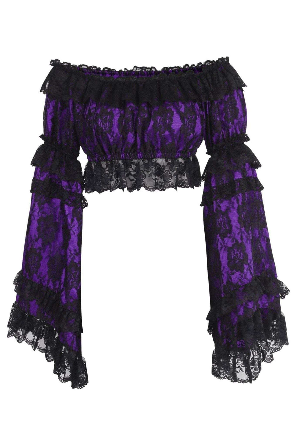 Daisy Corsets Purple/Black Lace Smocked Flare Sleeve Peasant Top - Daisy Corsets - Flyclothing LLC