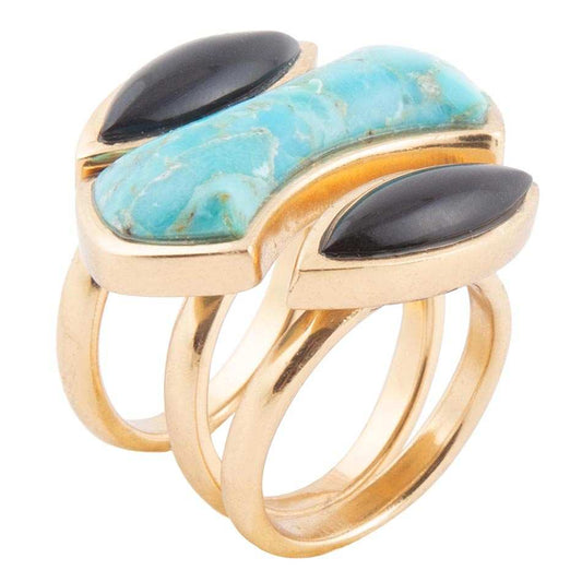 Puzzle Blue Turquoise and Black Onyx Golden Ring Set - Barse Jewelry - Flyclothing LLC