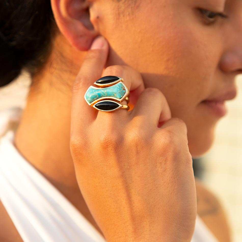 Puzzle Blue Turquoise and Black Onyx Golden Ring Set - Barse Jewelry - Flyclothing LLC