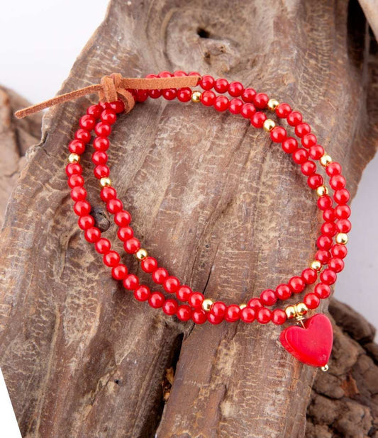 Red Coral Hart Golden Stretch Bracelet Set - Barse Jewelry - Flyclothing LLC