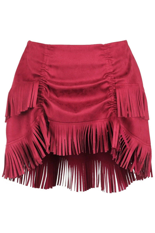 Daisy Corsets Red Suede Ruched Bustle Skirt w/Fringe - Daisy Corsets - Flyclothing LLC